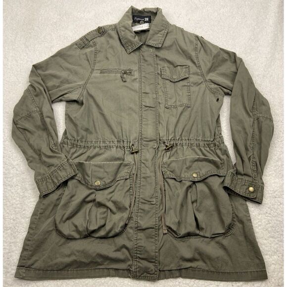 Forever 21 Military Jacket Womens L Olive Green Army Chore Pockets‎ Cinch Waist - Picture 1 of 16